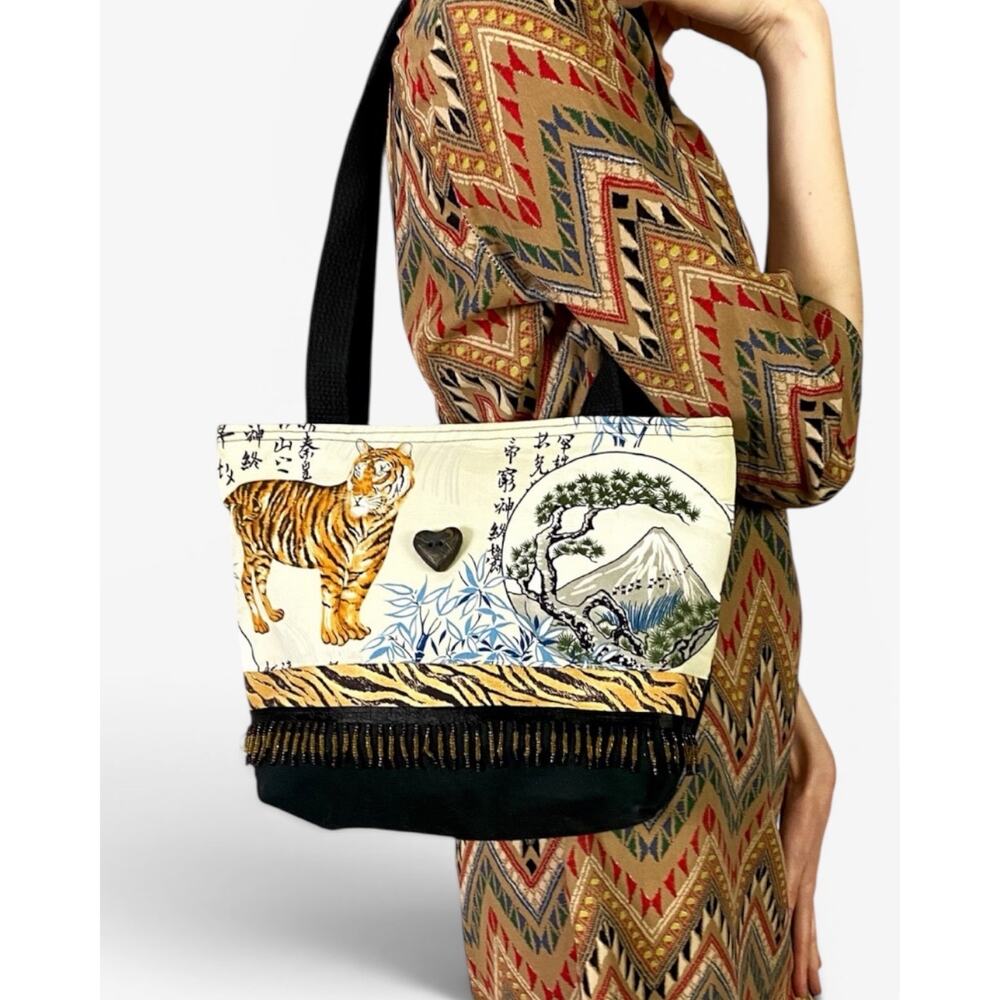Asian Tiger Print Beaded Tote Purse Canvas Jungle Scene Tassels & Wood Heart